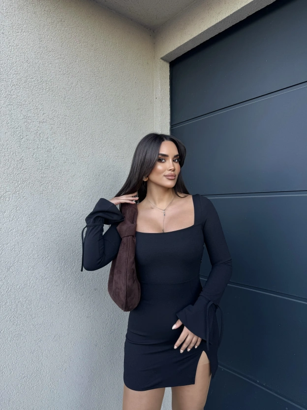 Siyah İspanyol Kol Crep Mini Elbise