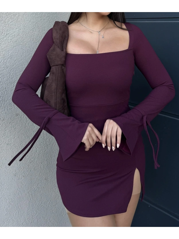 Bordo İspanyol Kol Crep Mini Elbise