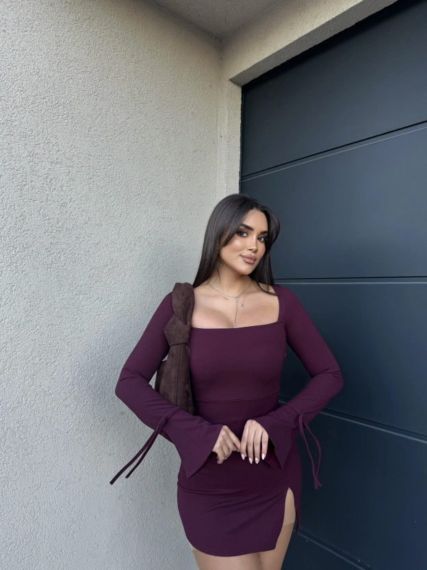 Bordo İspanyol Kol Crep Mini Elbise