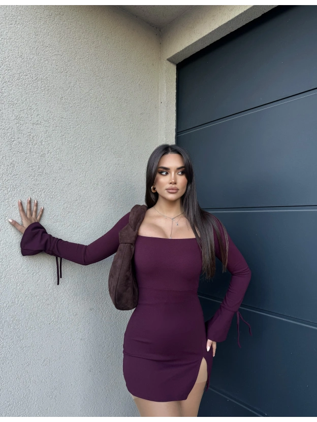 Bordo İspanyol Kol Crep Mini Elbise