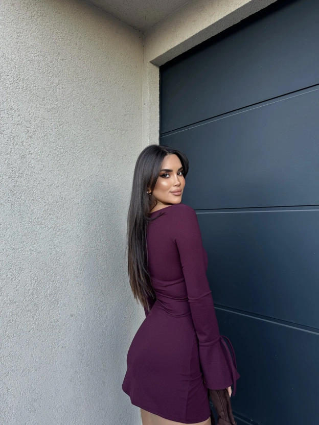 Bordo İspanyol Kol Crep Mini Elbise