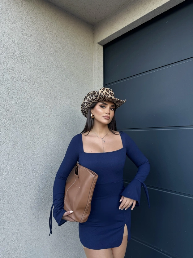 Lacivert İspanyol Kol Crep Mini Elbise