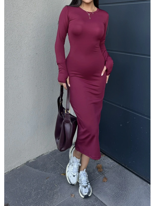 Bordo Bisiklet Yaka Parmak Geçirmeli Elbise