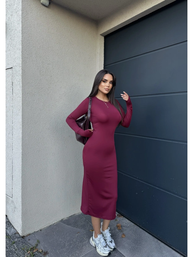 Bordo Bisiklet Yaka Parmak Geçirmeli Elbise