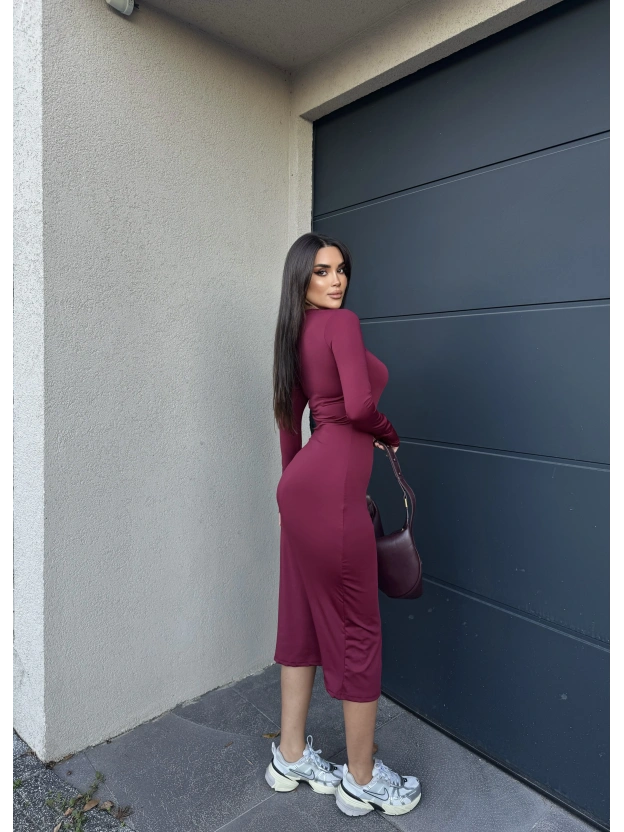 Bordo Bisiklet Yaka Parmak Geçirmeli Elbise