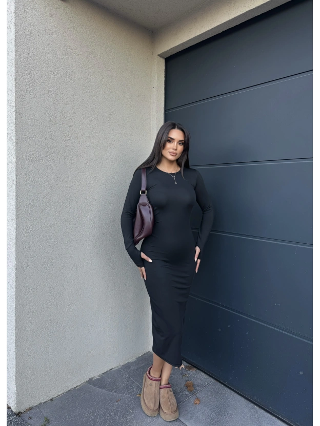 Siyah Bisiklet Yaka Parmak Geçirmeli Elbise