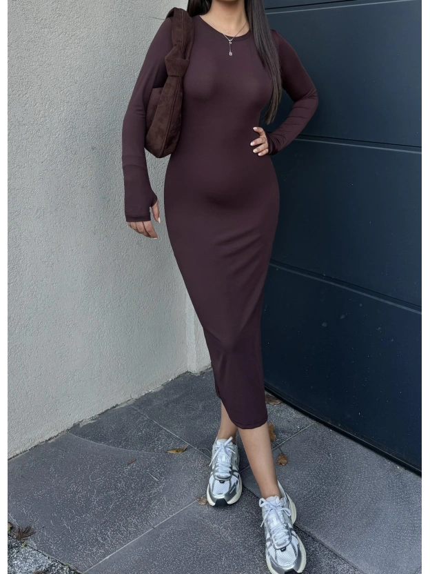 Kahverengi Bisiklet Yaka Parmak Geçirmeli Elbise