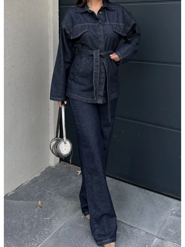 Koyu Mavi Kuşaklı Denim Takım