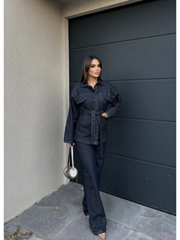 Koyu Mavi Kuşaklı Denim Takım