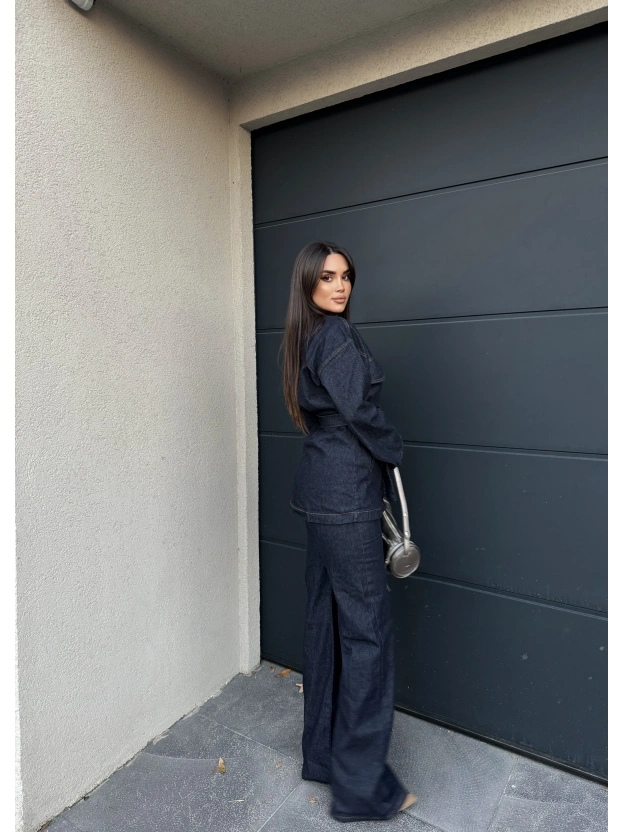 Koyu Mavi Kuşaklı Denim Takım