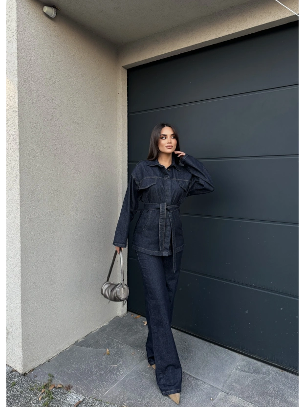 Koyu Mavi Kuşaklı Denim Takım