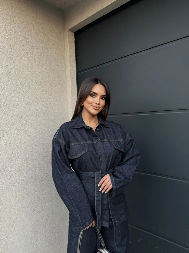 Koyu Mavi Kuşaklı Denim Takım