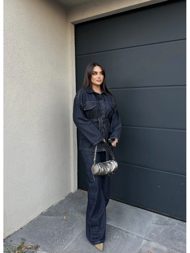 Koyu Mavi Kuşaklı Denim Takım