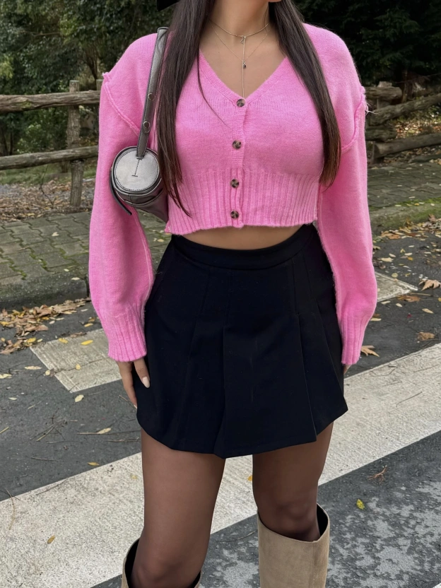 Pembe Sırt Baskılı Crop Hırka