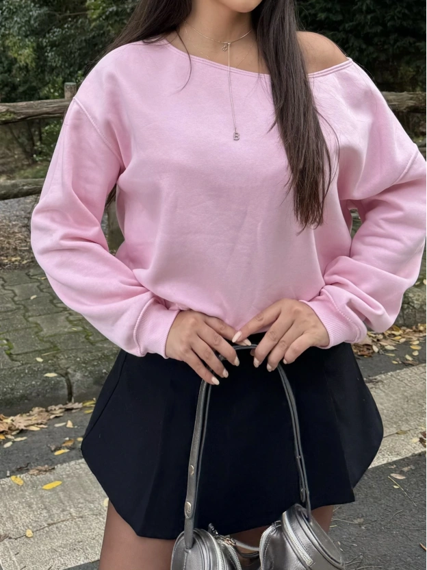 Pembe Kayık Yaka Oversize Sweatshırt