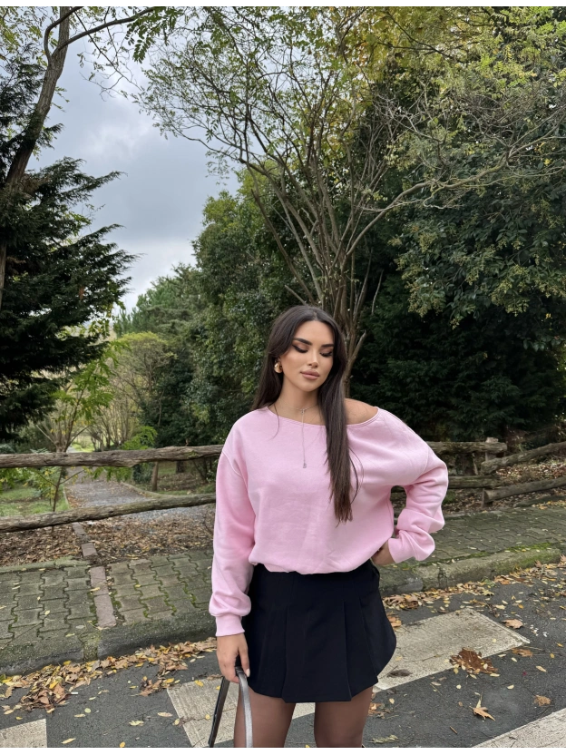 Pembe Kayık Yaka Oversize Sweatshırt