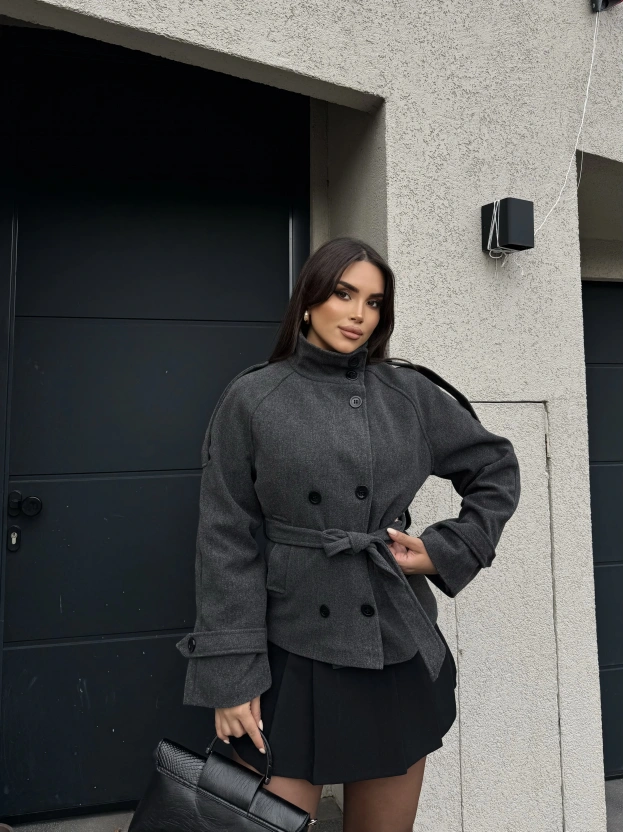 Antrasit Dik Yaka Kaşe Mont