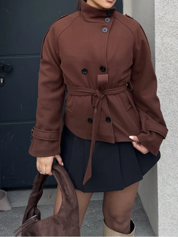 Kahverengi Dik Yaka Kaşe Mont