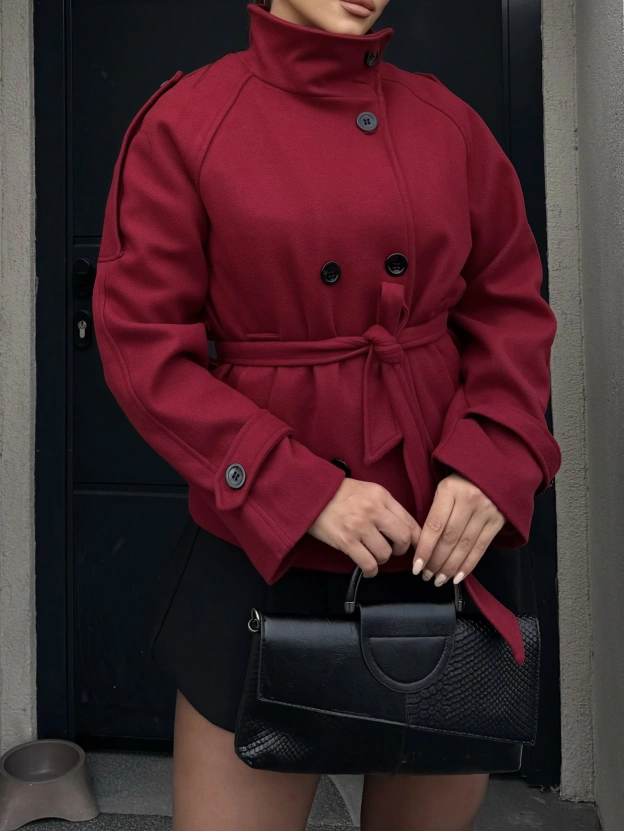 Bordo Dik Yaka Kaşe Mont