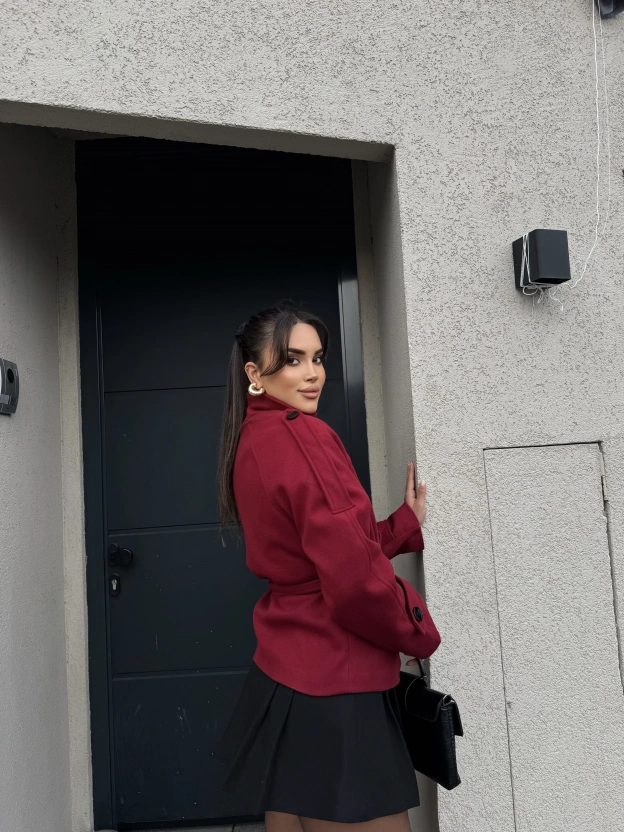 Bordo Dik Yaka Kaşe Mont