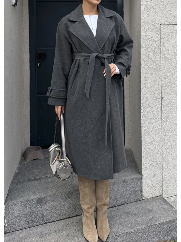 Antrasit Uzun Kuşaklı Kaşe Kaban