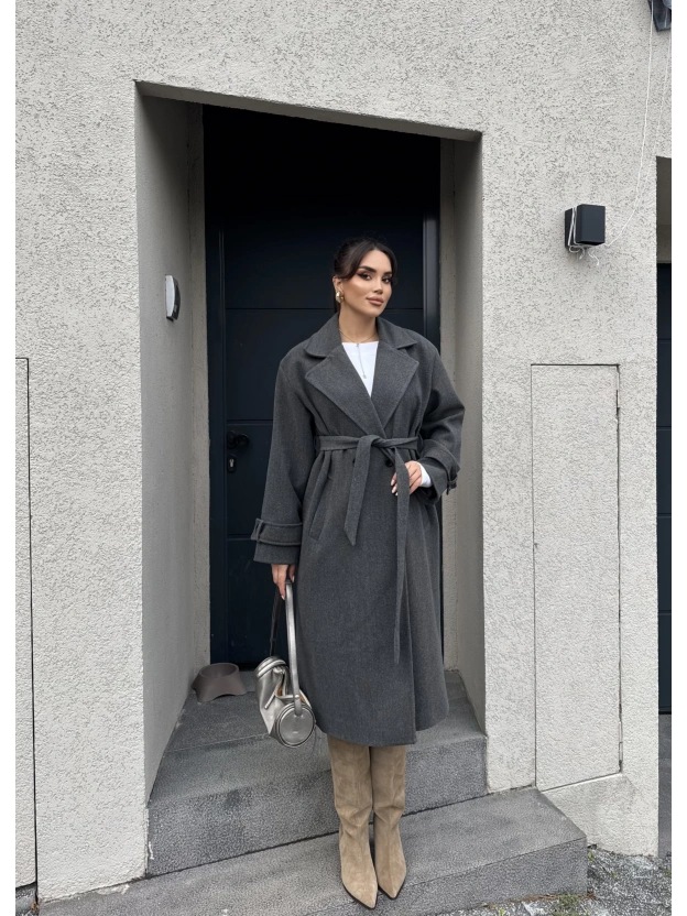 Antrasit Uzun Kuşaklı Kaşe Kaban