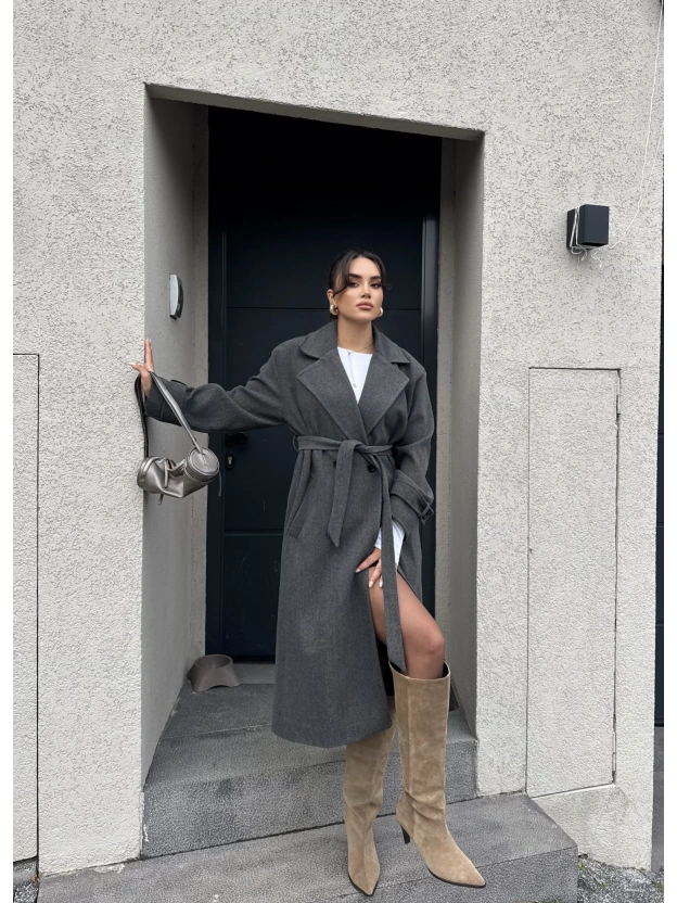 Antrasit Uzun Kuşaklı Kaşe Kaban