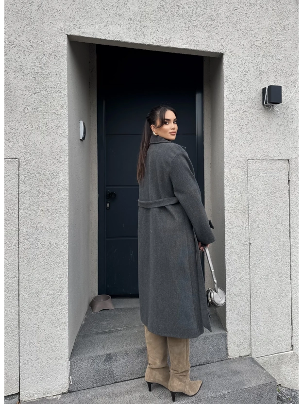 Antrasit Uzun Kuşaklı Kaşe Kaban