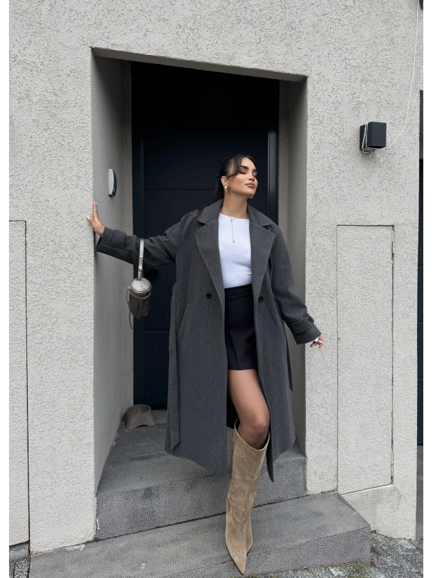 Antrasit Uzun Kuşaklı Kaşe Kaban