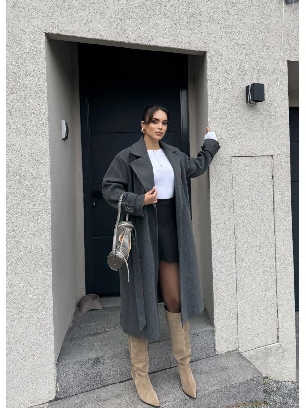 Antrasit Uzun Kuşaklı Kaşe Kaban