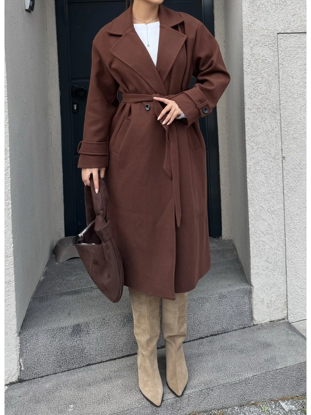 Kahverengi Uzun Kuşaklı Kaşe Kaban