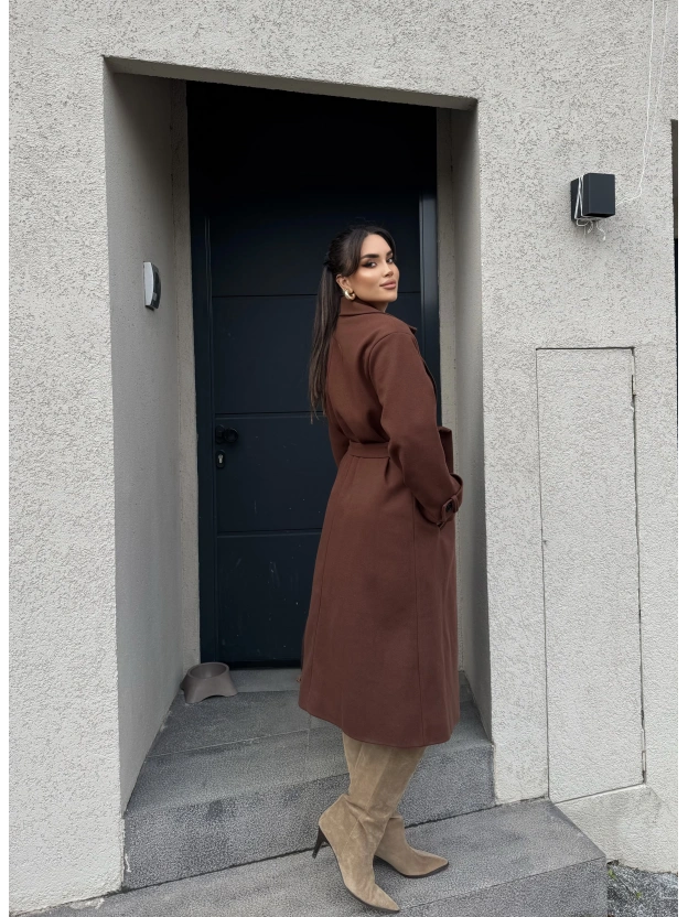 Kahverengi Uzun Kuşaklı Kaşe Kaban