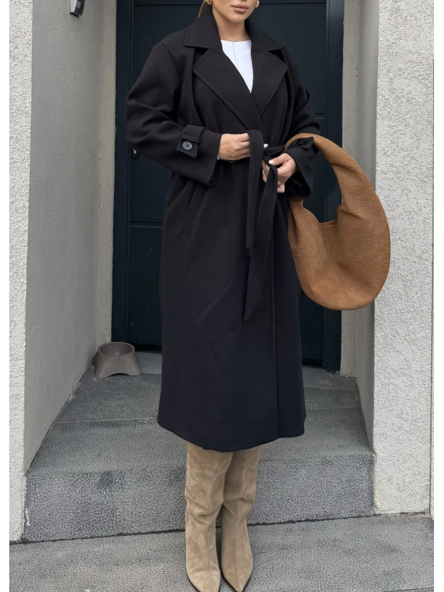 Siyah Uzun Kuşaklı Kaşe Kaban