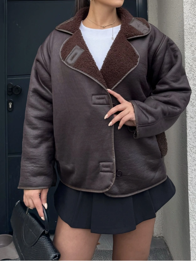 Kahverengi Lamine Peluş Mont