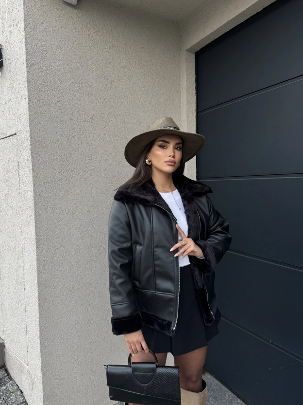 Siyah Deri Premium Peluş Mont