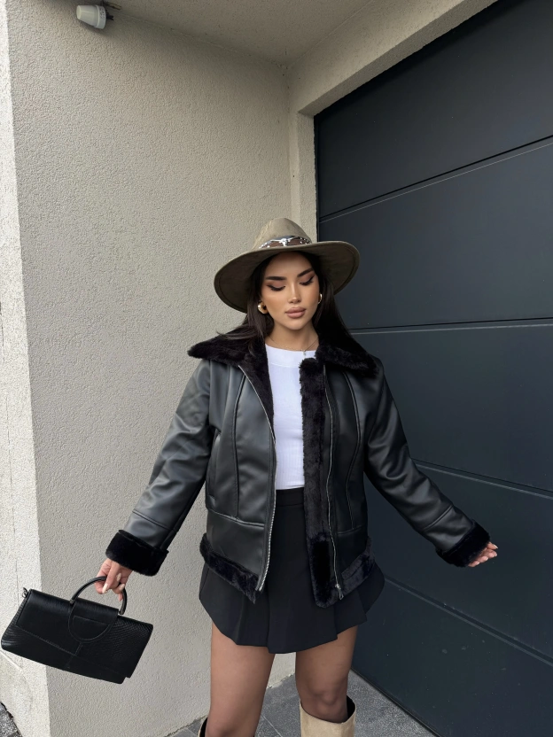 Siyah Deri Premium Peluş Mont