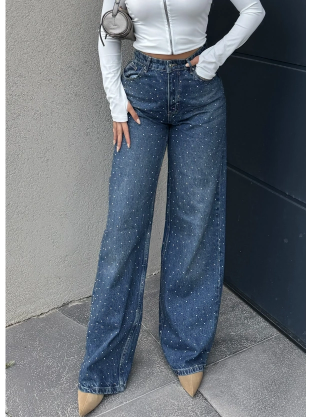 Mavi Tint Taşlı Palazzo Pantolon