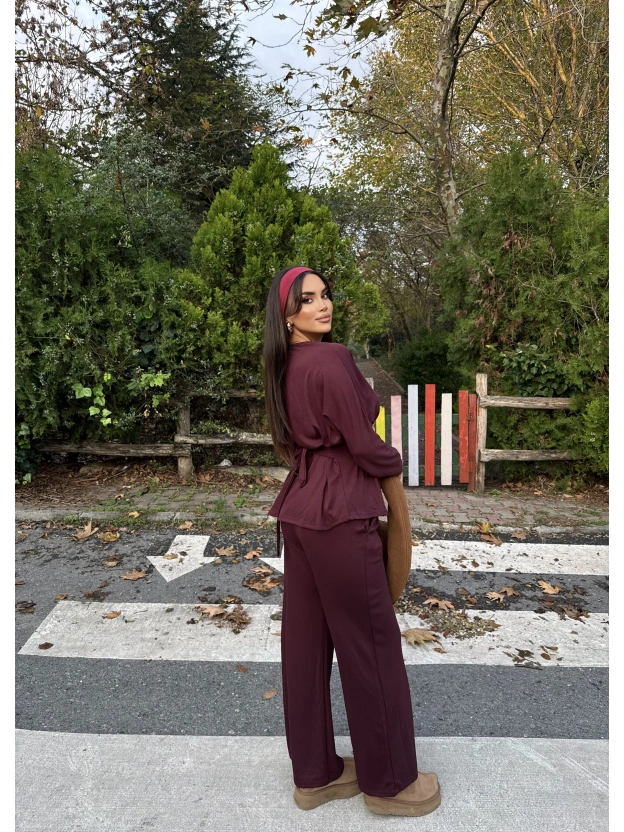 Bordo Modal Pileli Salaş Takım