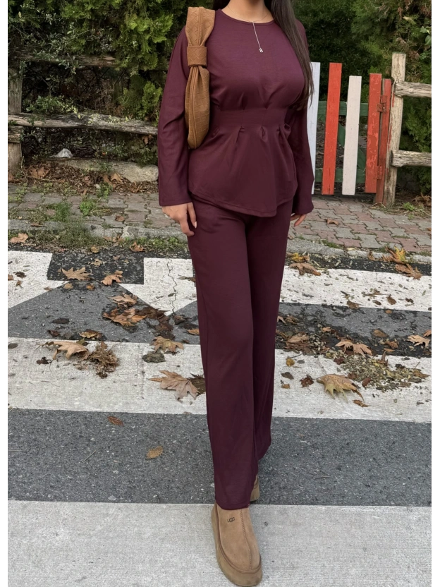 Bordo Modal Pileli Salaş Takım