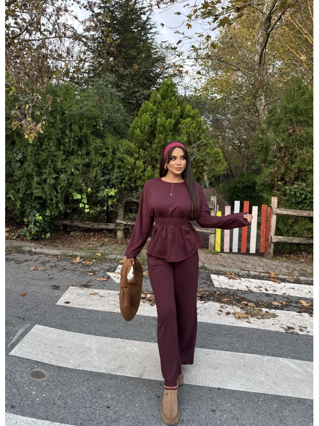 Bordo Modal Pileli Salaş Takım