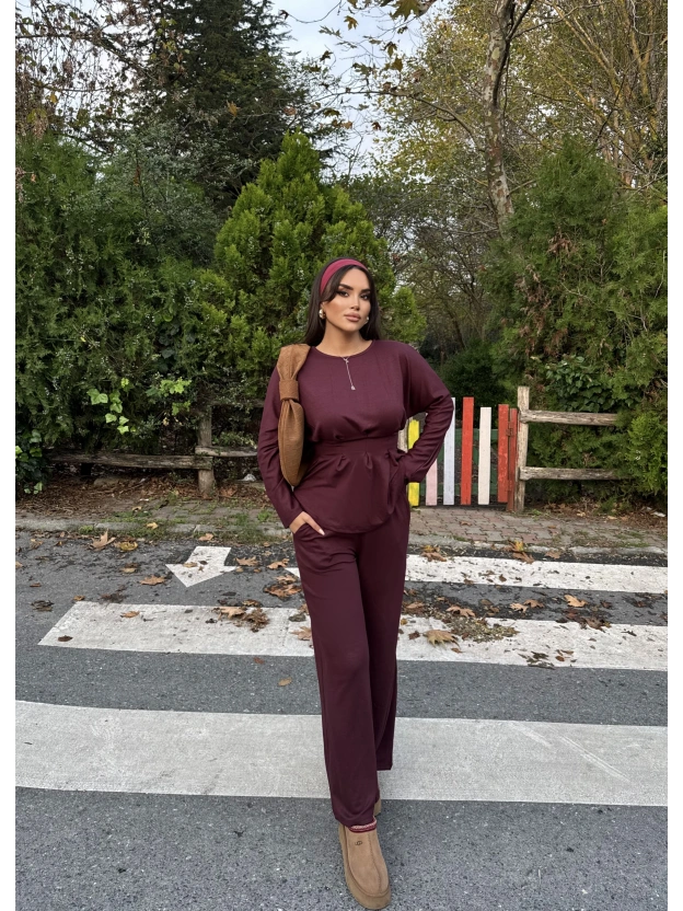 Bordo Modal Pileli Salaş Takım