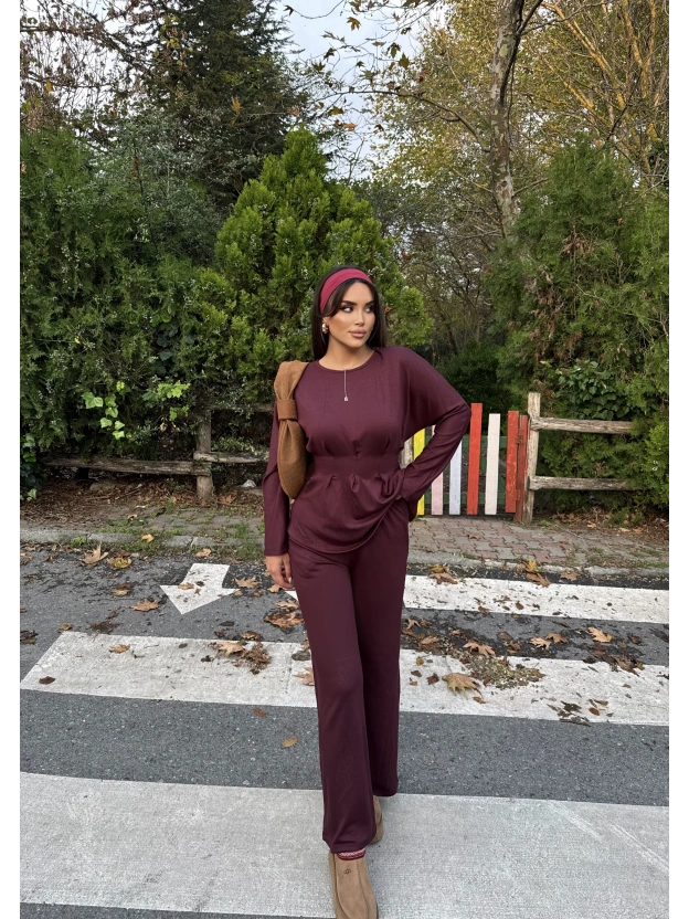 Bordo Modal Pileli Salaş Takım