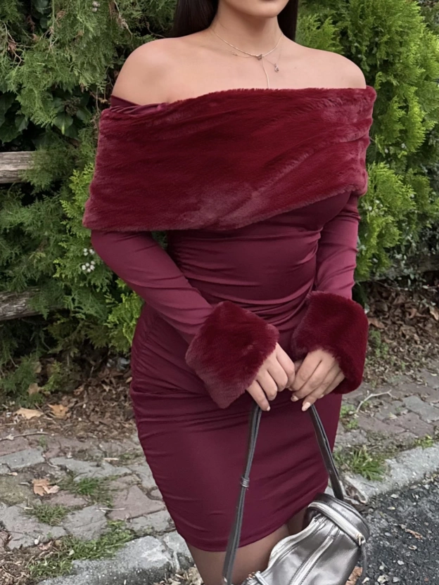 Bordo Kürklü Madonna Yaka Elbise