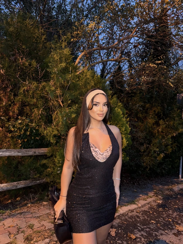 Siyah Leopar Detay Payetli Mini Elbise