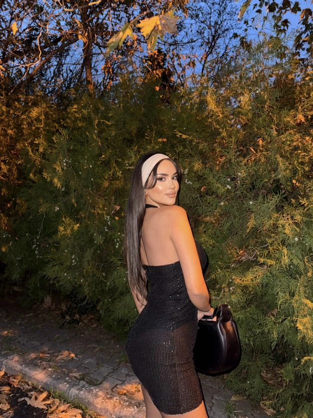 Siyah Leopar Detay Payetli Mini Elbise