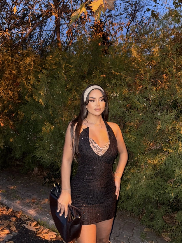 Siyah Leopar Detay Payetli Mini Elbise