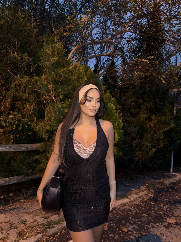 Siyah Leopar Detay Payetli Mini Elbise