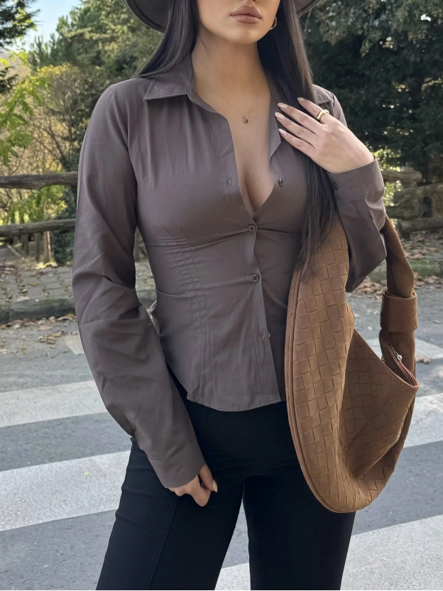 Kahverengi Korse Detay Gömlek