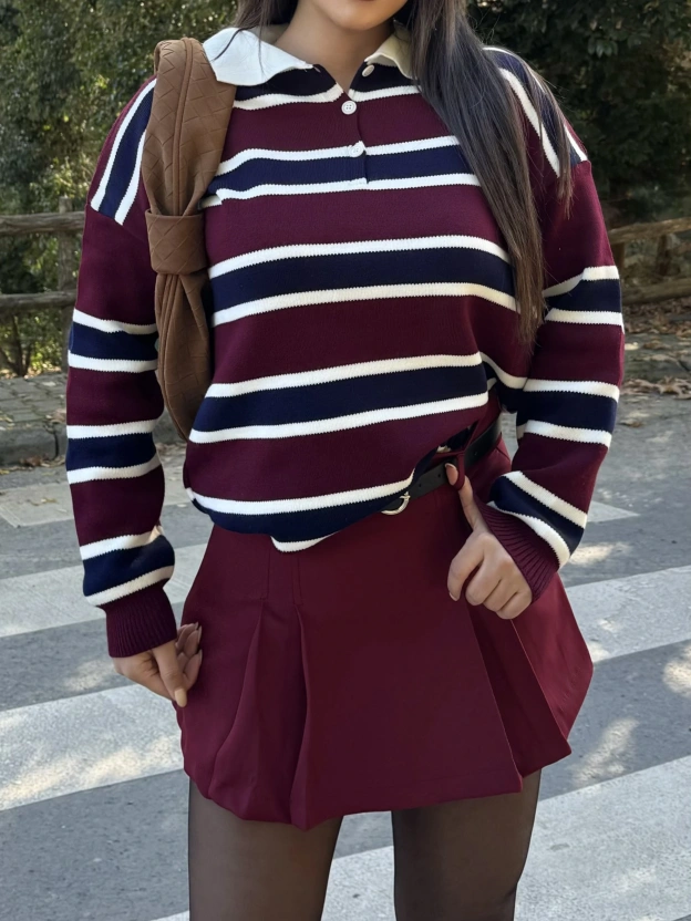 Polo Yaka Bordo Lacivert Çizgili Triko Kazak