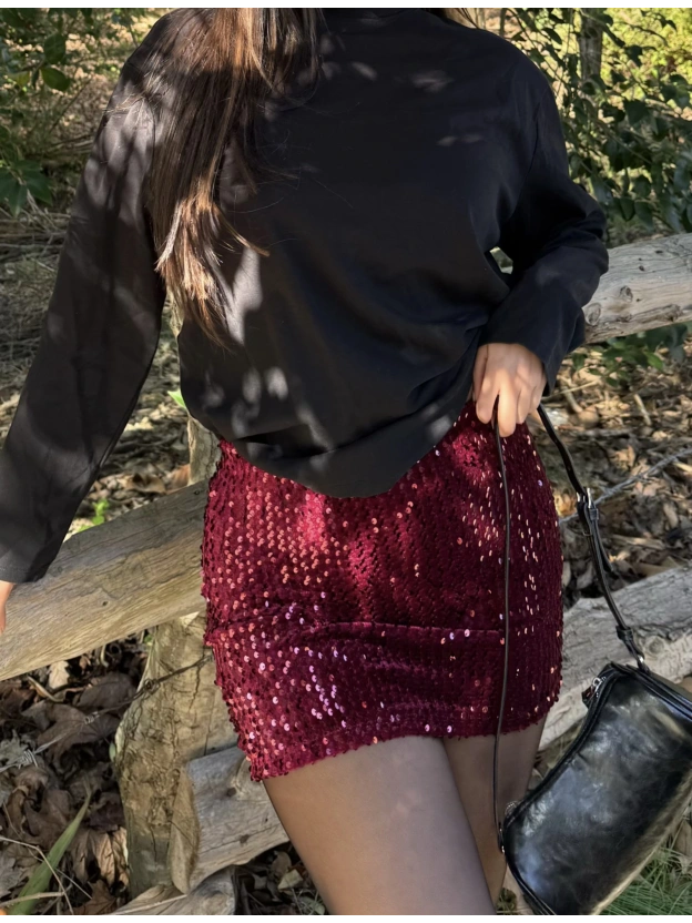 Bordo Payetli Şort Etek